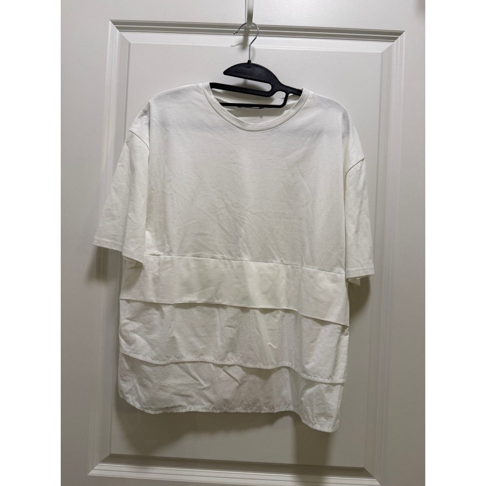 Zara White Tiered Layered Short Sleeve Crewneck Top Small Relaxed Fit Minimalist